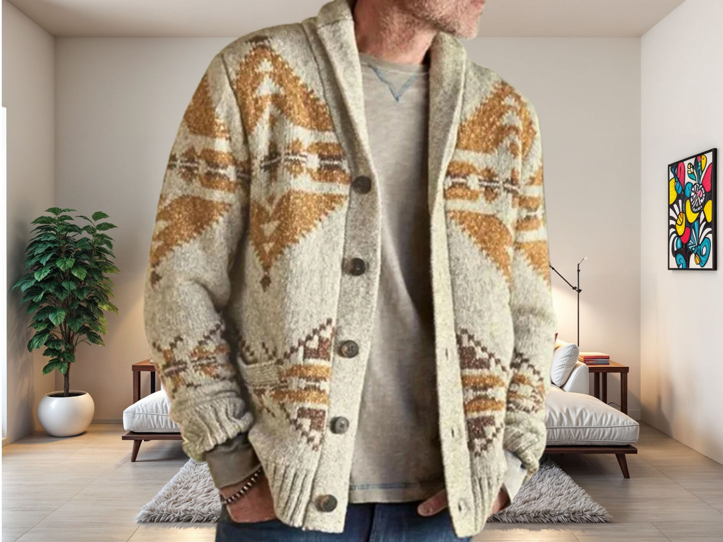 Cozy Cardigan - Men's Ethnic Pattern Knit Wool Cardigan for Fall Fashion - Great Gift Idea for Men