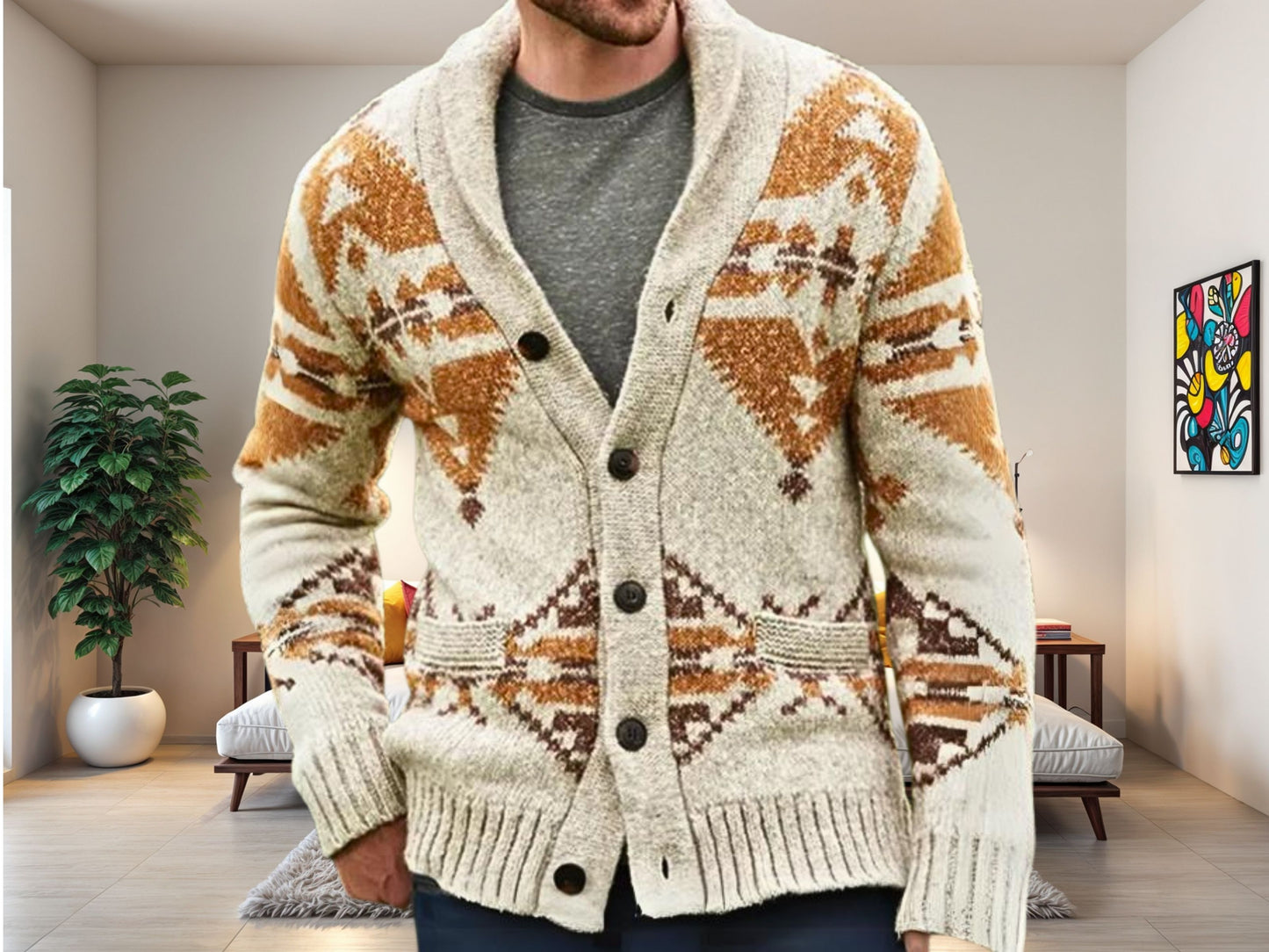 Cozy Cardigan - Men's Ethnic Pattern Knit Wool Cardigan for Fall Fashion - Great Gift Idea for Men