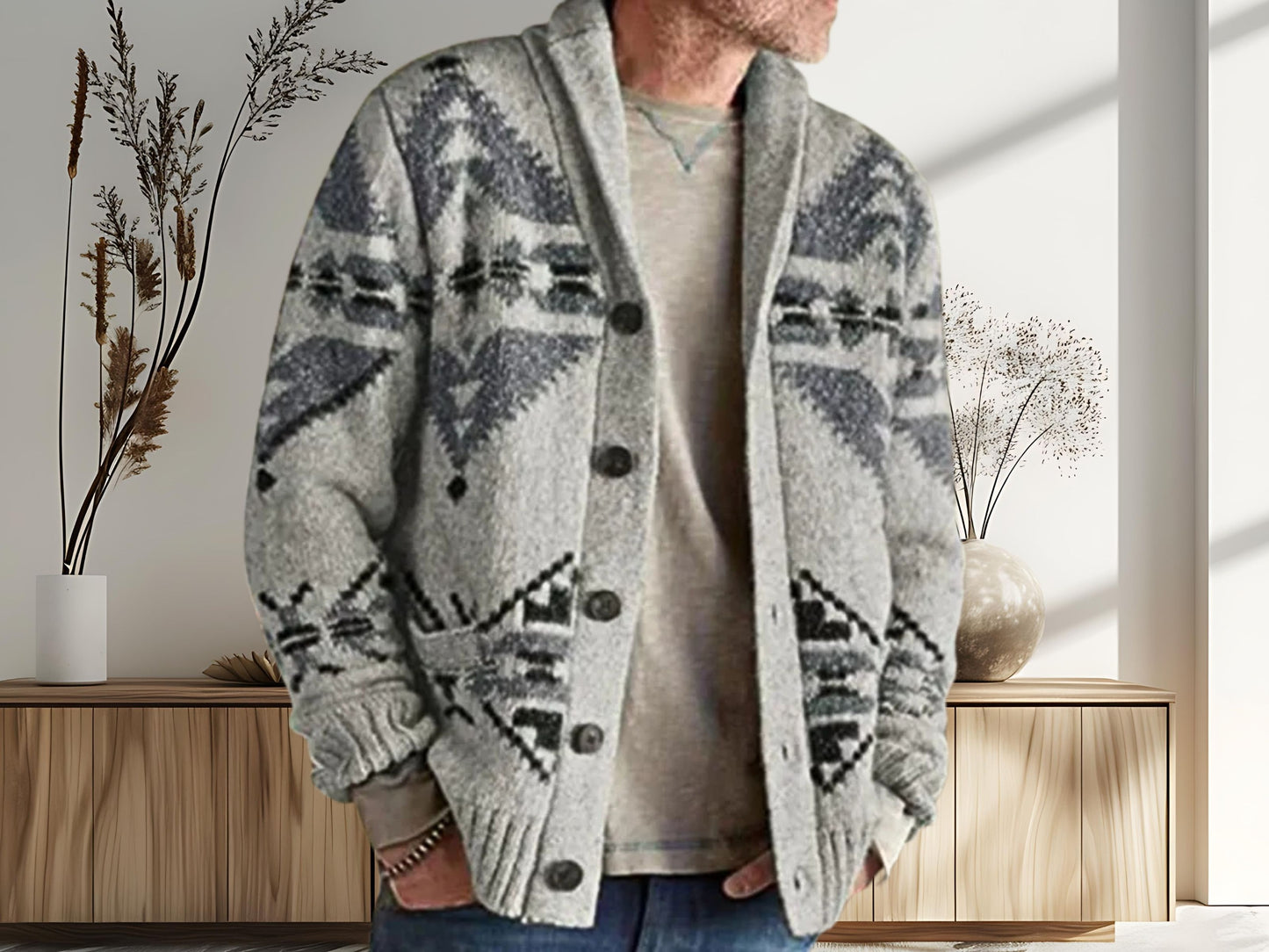 Cozy Cardigan - Men's Ethnic Pattern Knit Wool Cardigan for Fall Fashion - Great Gift Idea for Men