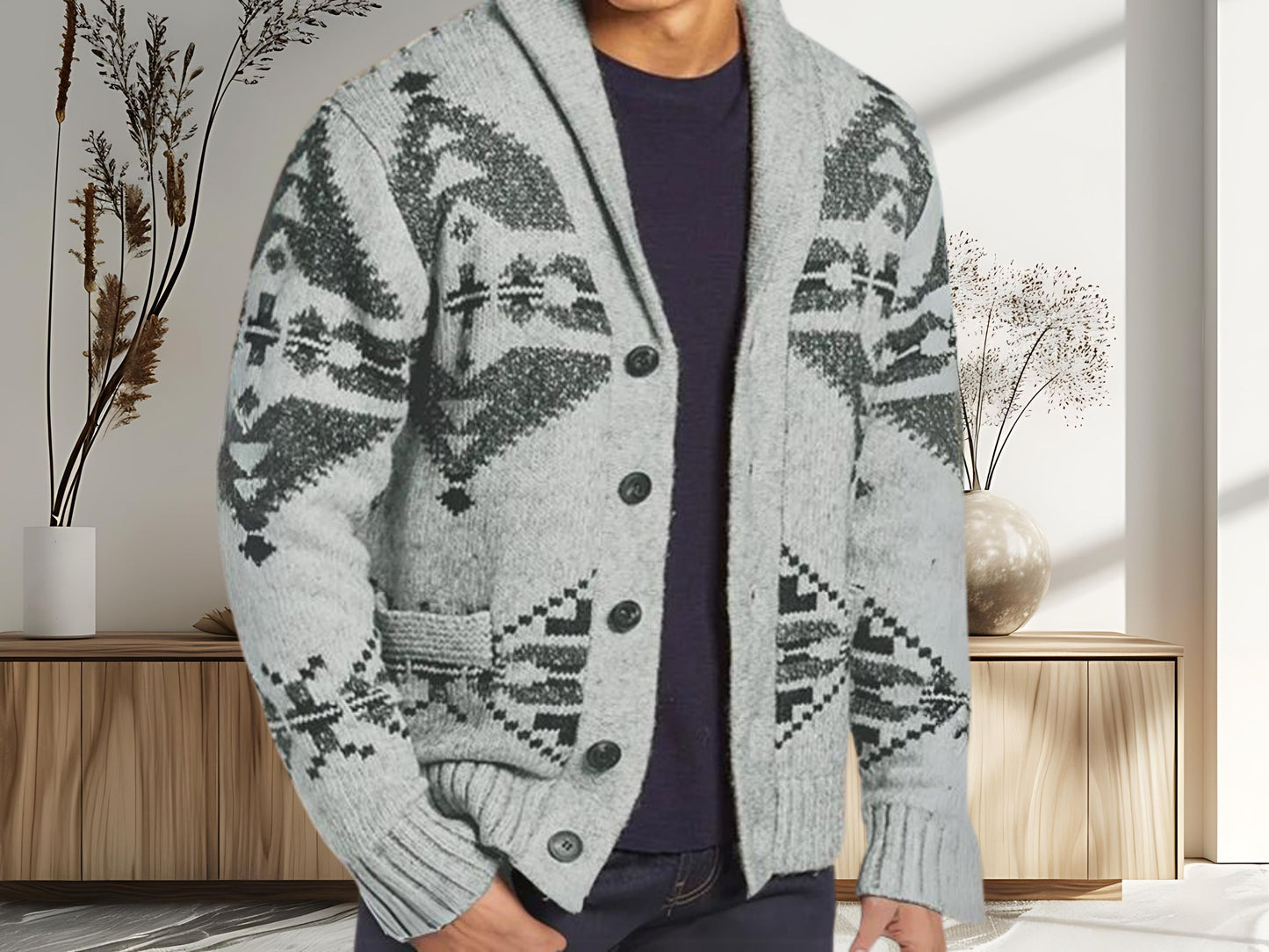 Cozy Cardigan - Men's Ethnic Pattern Knit Wool Cardigan for Fall Fashion - Great Gift Idea for Men