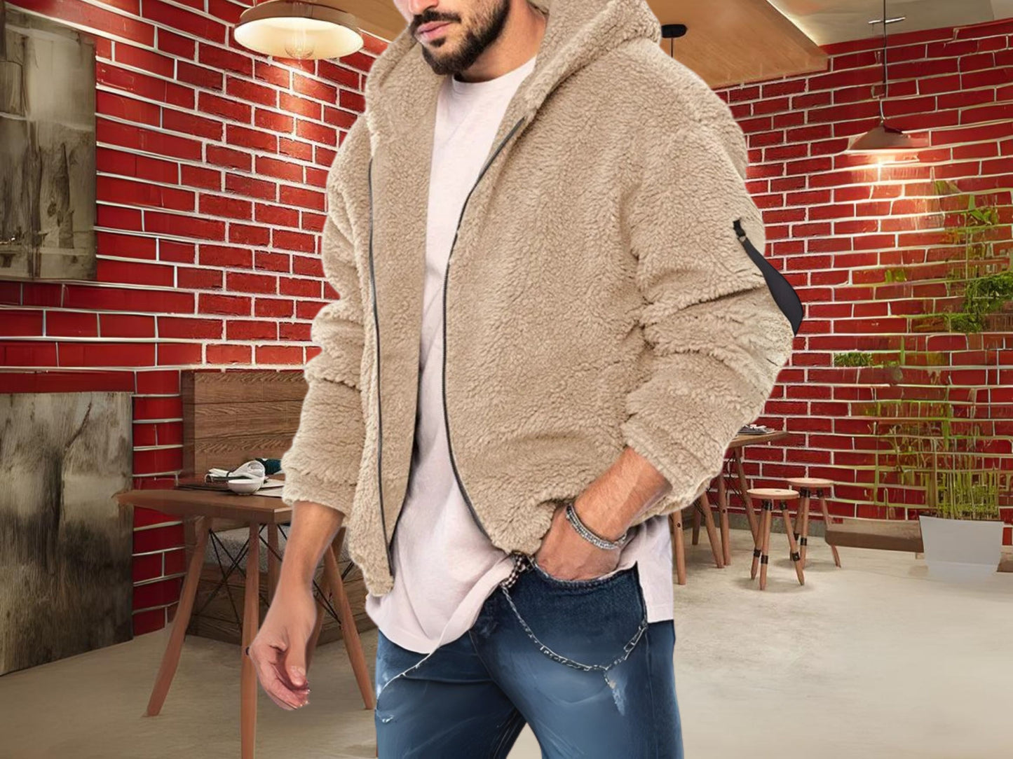 Cozy Winter Coat, Mens Wool Blend Jacket with Hood, Stylish Arctic Velvet Zipper Jacket, Ideal Winter Gift for Him