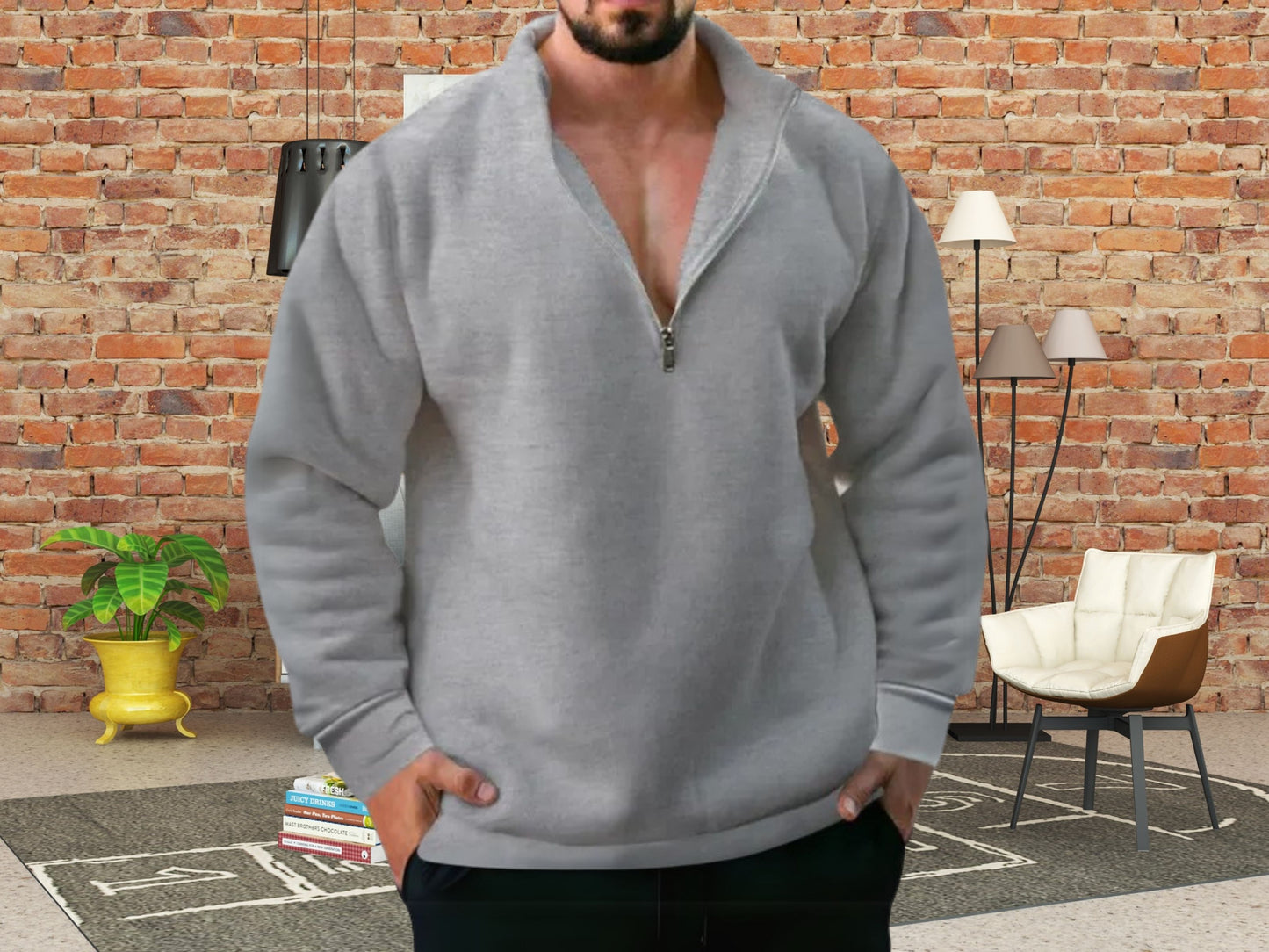 Cozy Winter Sweater, Men's Fleece Stand Collar Half Zipper Hoodie, Perfect Casual Wear & Gift for Him, Knitwear for Men