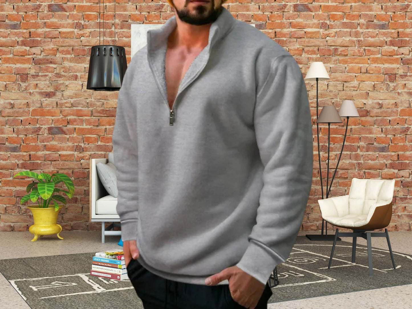 Cozy Winter Sweater, Men's Fleece Stand Collar Half Zipper Hoodie, Perfect Casual Wear & Gift for Him, Knitwear for Men