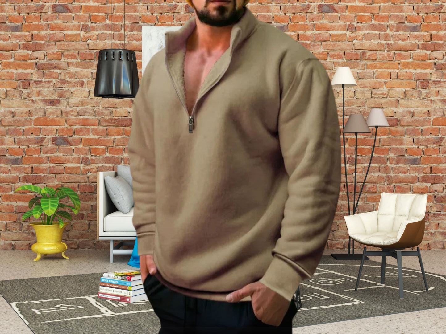 Cozy Winter Sweater, Men's Fleece Stand Collar Half Zipper Hoodie, Perfect Casual Wear & Gift for Him, Knitwear for Men