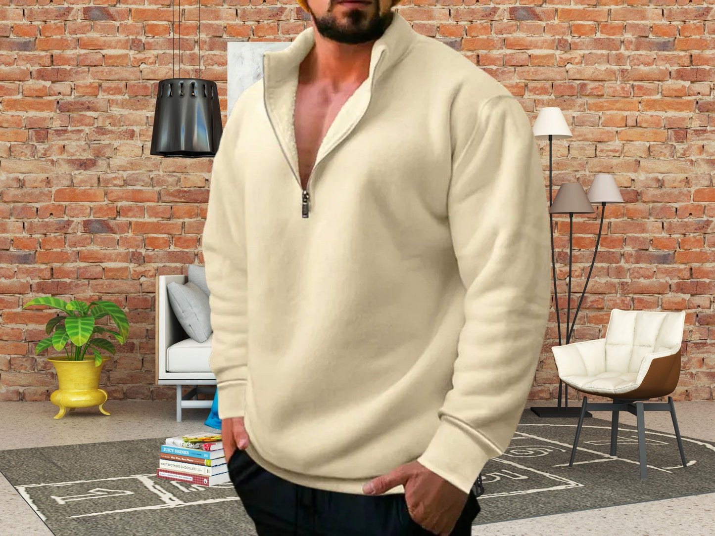 Cozy Winter Sweater, Men's Fleece Stand Collar Half Zipper Hoodie, Perfect Casual Wear & Gift for Him, Knitwear for Men