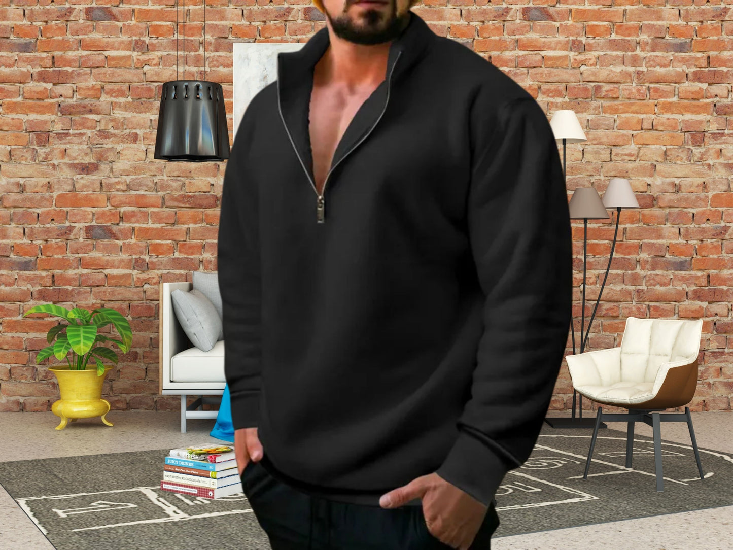 Cozy Winter Sweater, Men's Fleece Stand Collar Half Zipper Hoodie, Perfect Casual Wear & Gift for Him, Knitwear for Men