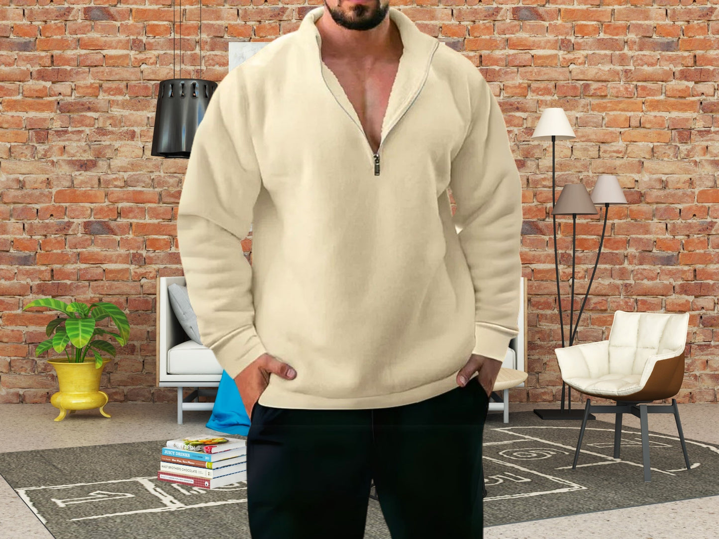 Cozy Winter Sweater, Men's Fleece Stand Collar Half Zipper Hoodie, Perfect Casual Wear & Gift for Him, Knitwear for Men