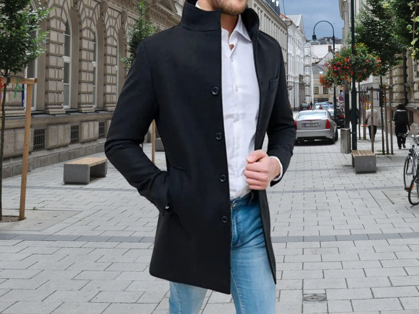 Fall Jacket, Men's Winter Coat with Stand Collar, Elegant Woolen Fall Jacket, Ideal Winter Gift for Him, Mens Fall Fashion