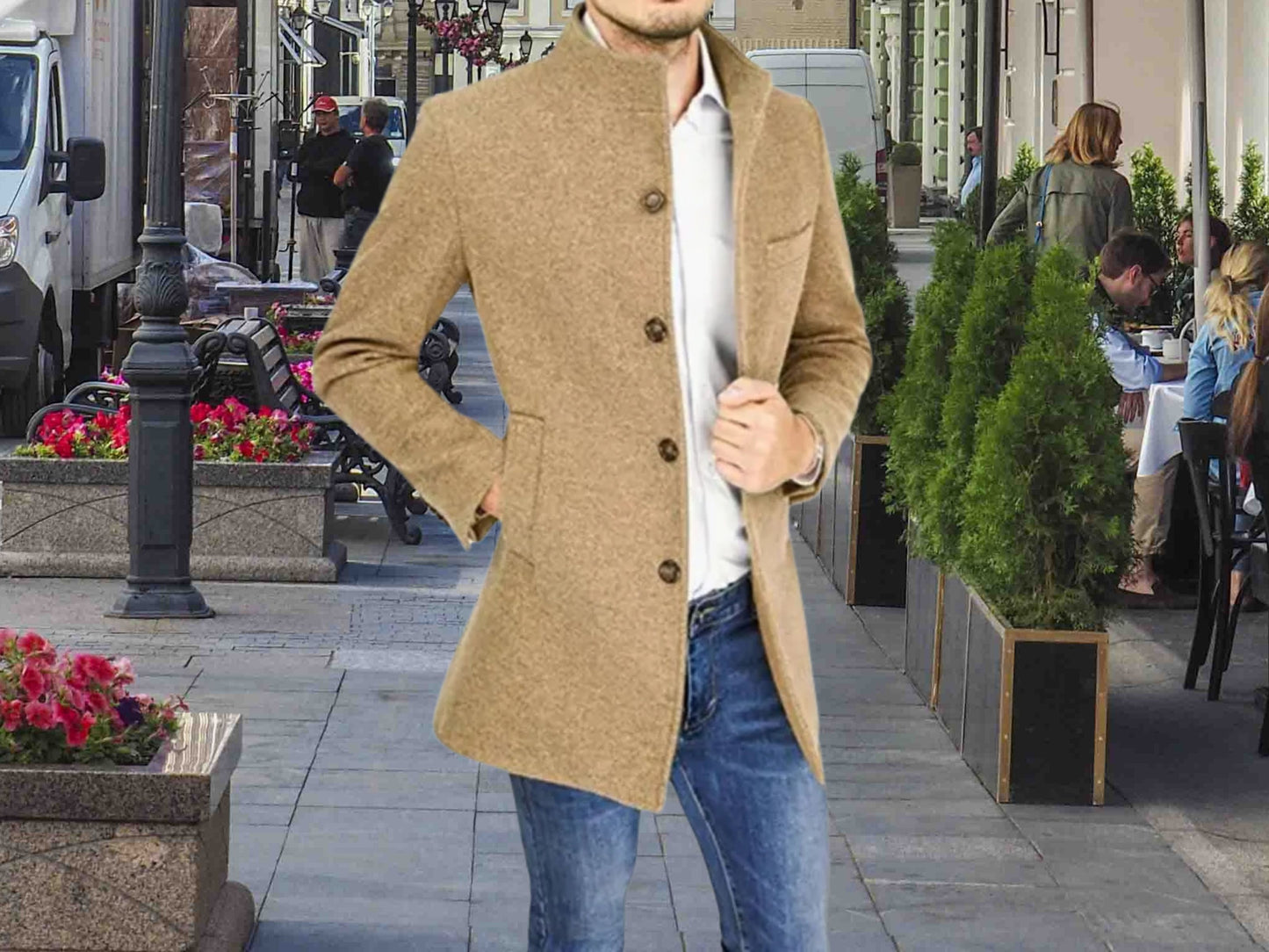 Fall Jacket, Men's Winter Coat with Stand Collar, Elegant Woolen Fall Jacket, Ideal Winter Gift for Him, Mens Fall Fashion