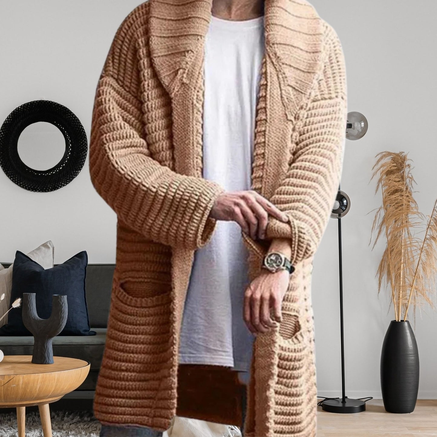 Knitted Jacket Wool Cardigan for Men, Fashionable Mid-Length Long Sleeve Style for Effortless Fall Outfit,