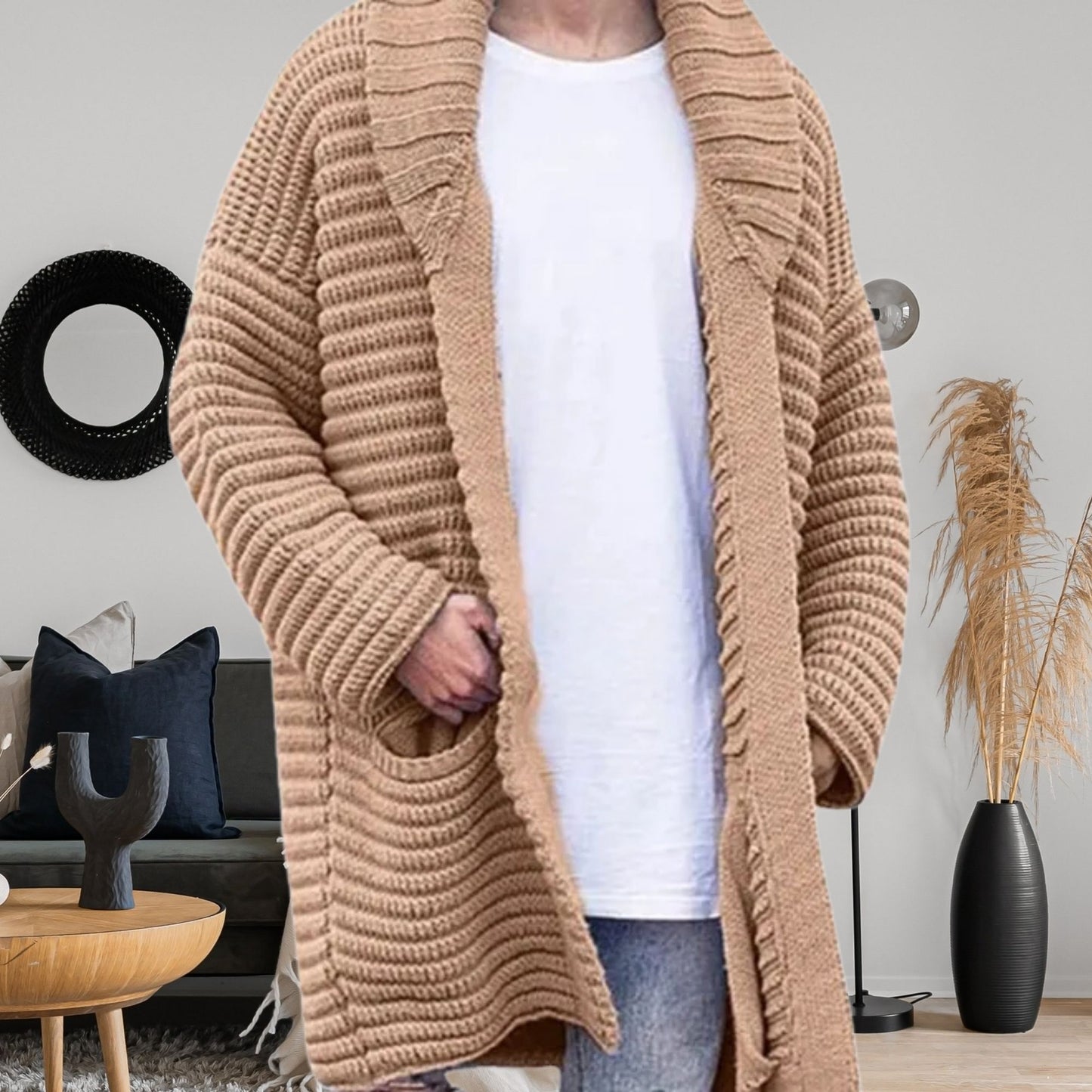 Knitted Jacket Wool Cardigan for Men, Fashionable Mid-Length Long Sleeve Style for Effortless Fall Outfit,