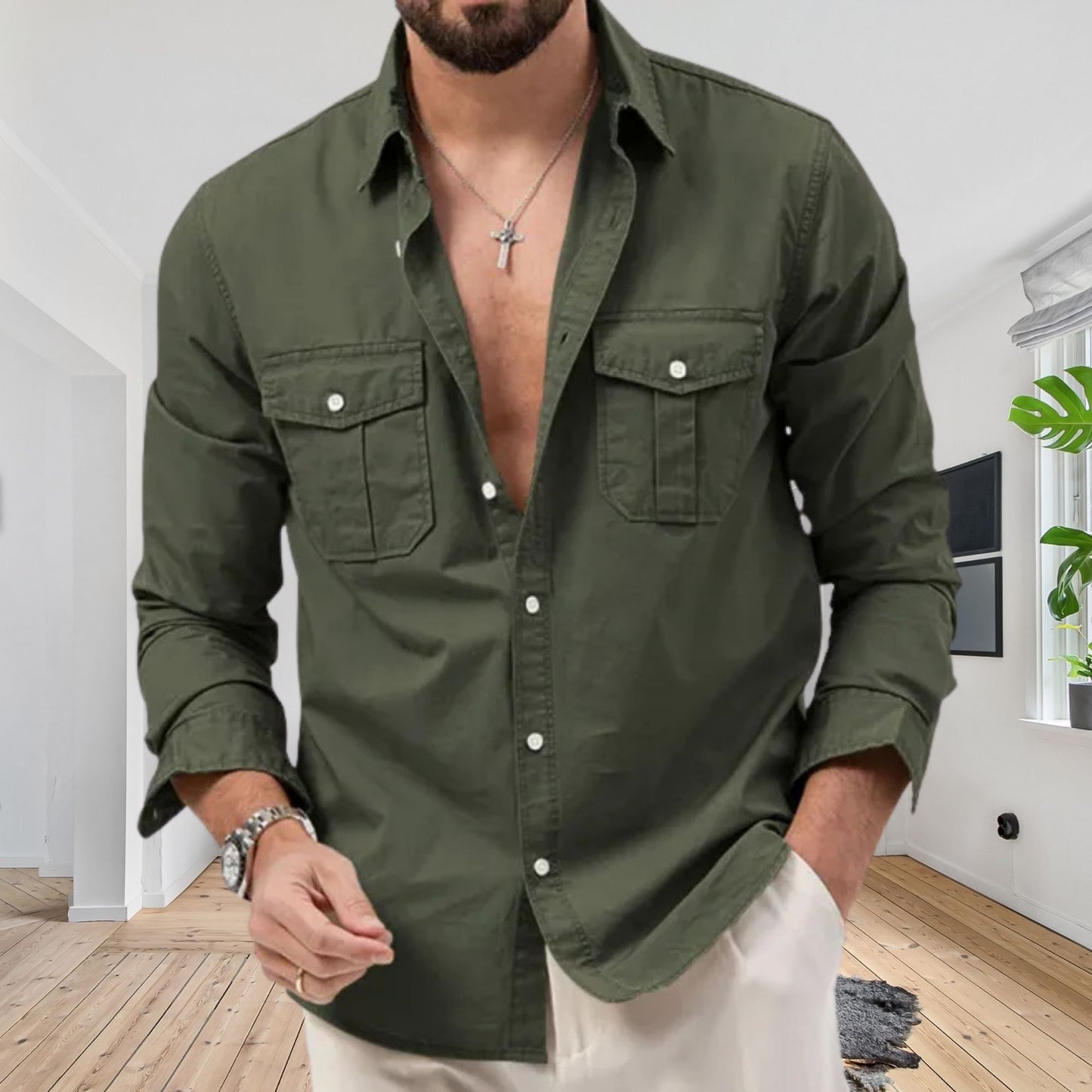 Long-Sleeved Shirt, Fashionable Men's Outerwear with Multi-Pockets, Ideal Daily Shirt, Thoughtful Gift Idea, Stylish Casual Shirt