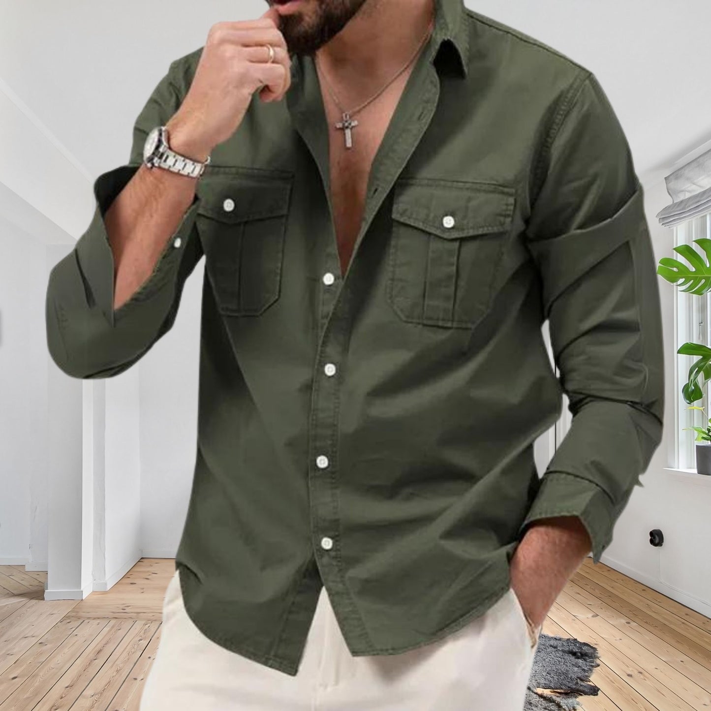 Long-Sleeved Shirt, Fashionable Men's Outerwear with Multi-Pockets, Ideal Daily Shirt, Thoughtful Gift Idea, Stylish Casual Shirt