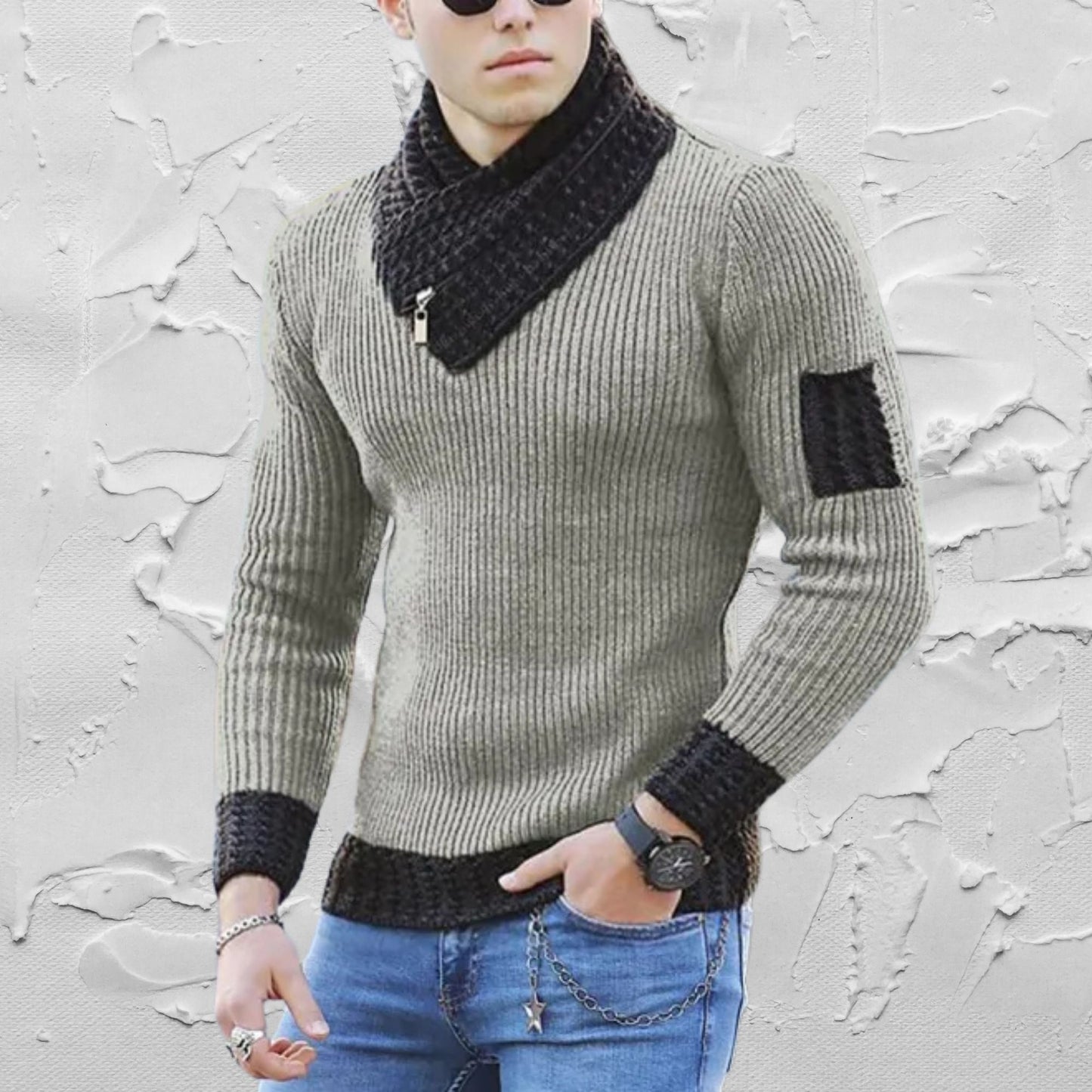 Men's Business Casual Sweater, Contrast Stitch Scarf, Stylish Office Wear, Elegant Men's Sweater, Contrast Stitch Scarf Sweater for Men