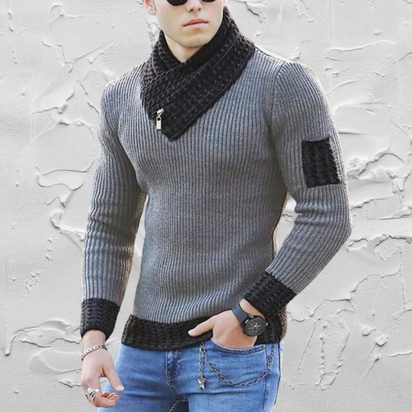 Men's Business Casual Sweater, Contrast Stitch Scarf, Stylish Office Wear, Elegant Men's Sweater, Contrast Stitch Scarf Sweater for Men