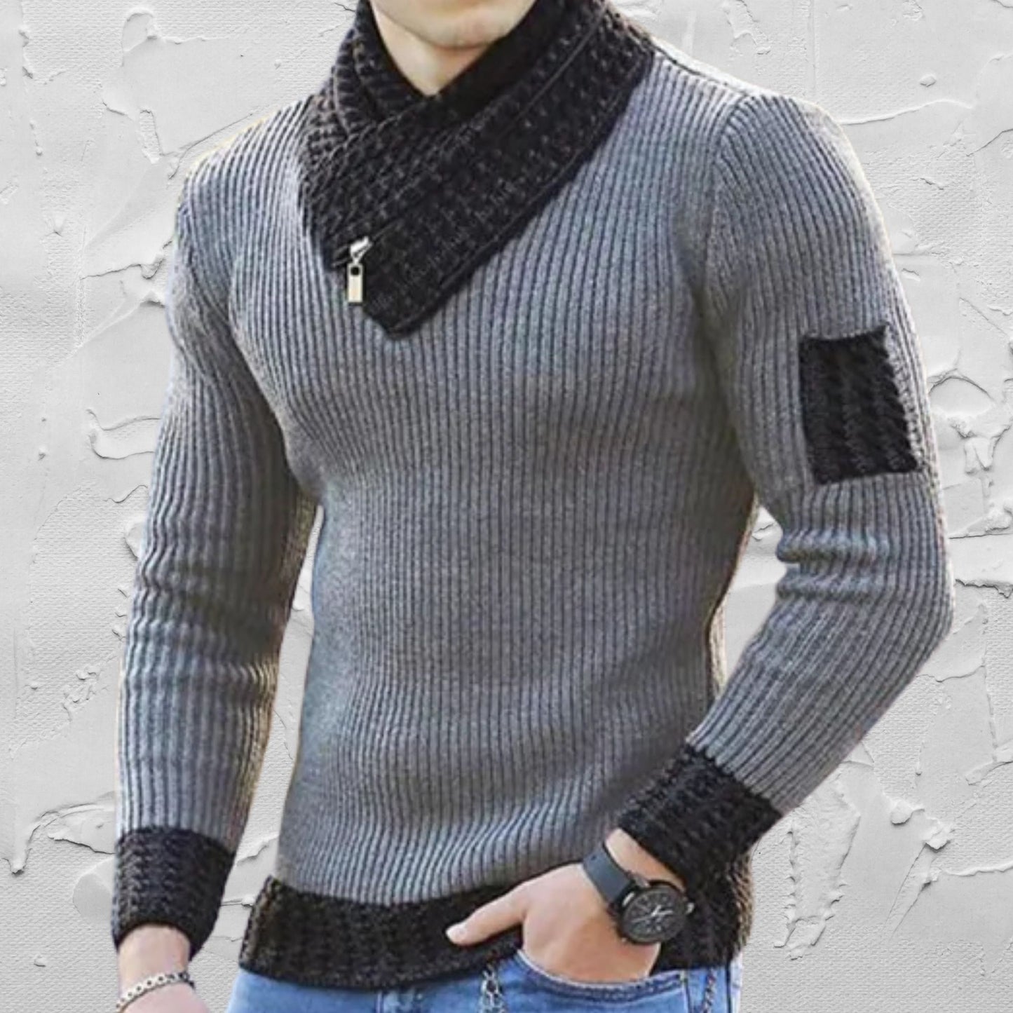 Men's Business Casual Sweater, Contrast Stitch Scarf, Stylish Office Wear, Elegant Men's Sweater, Contrast Stitch Scarf Sweater for Men