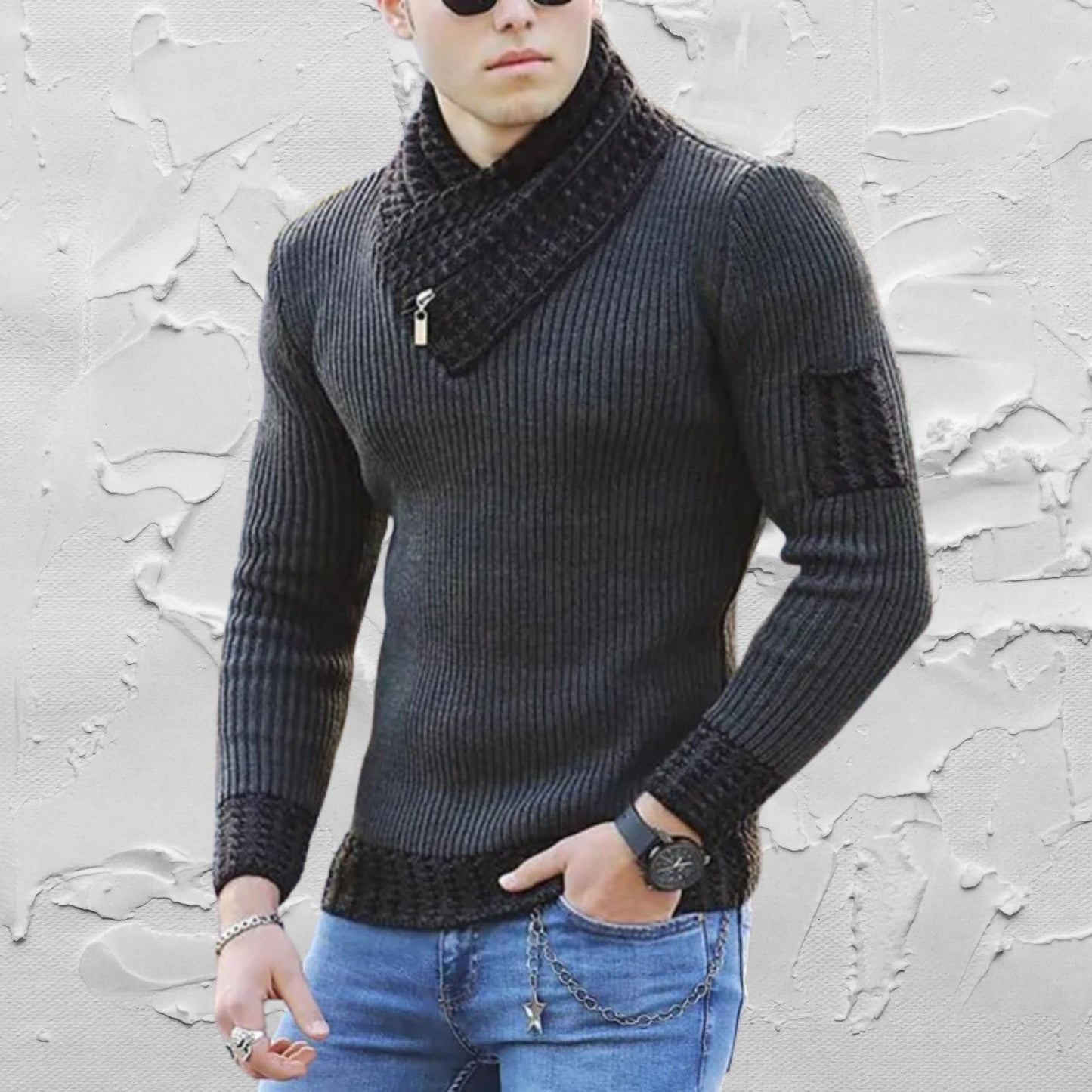 Men's Business Casual Sweater, Contrast Stitch Scarf, Stylish Office Wear, Elegant Men's Sweater, Contrast Stitch Scarf Sweater for Men