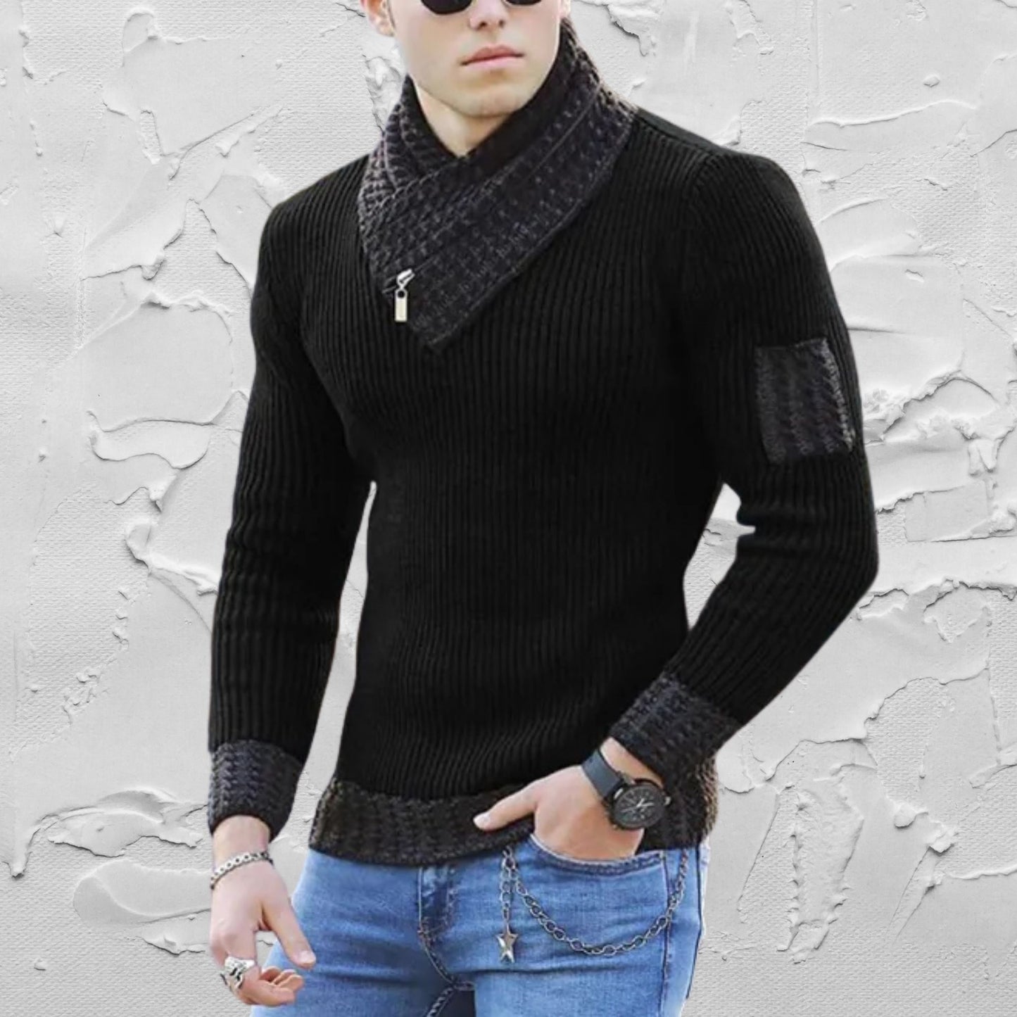 Men's Business Casual Sweater, Contrast Stitch Scarf, Stylish Office Wear, Elegant Men's Sweater, Contrast Stitch Scarf Sweater for Men