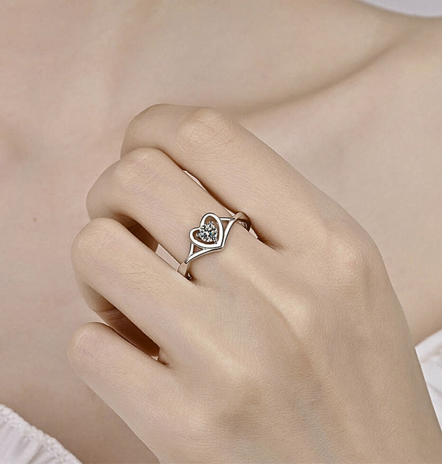 Sterling Silver Ring Women, Unique Moissanite Heart Design, Elegant Silver Ring for Everyday Wear, Perfect Gift for Her