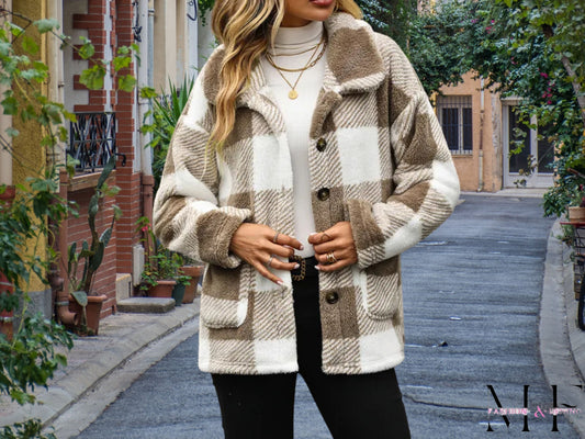 Stylish Plaid Single-Breasted Velvet Jacket for Fall Outfits, Ideal Casual Outfits Gift, Chic Fall Fashion for Women