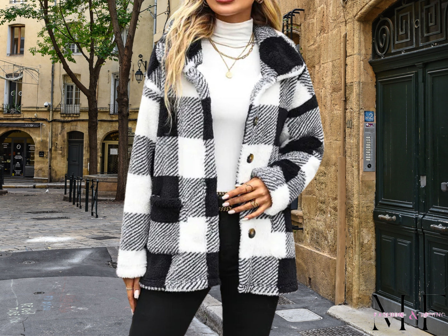 Stylish Plaid Single-Breasted Velvet Jacket for Fall Outfits, Ideal Casual Outfits Gift, Chic Fall Fashion for Women