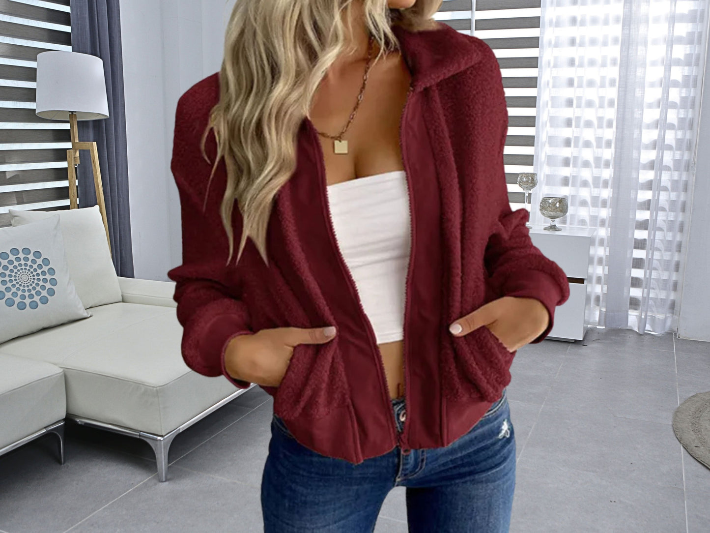 Trendy Winter Wear Cozy Long-Sleeved Lapel Sherpa Jacket for Women, Stylish Winter Jacket, Unique Gift for Her