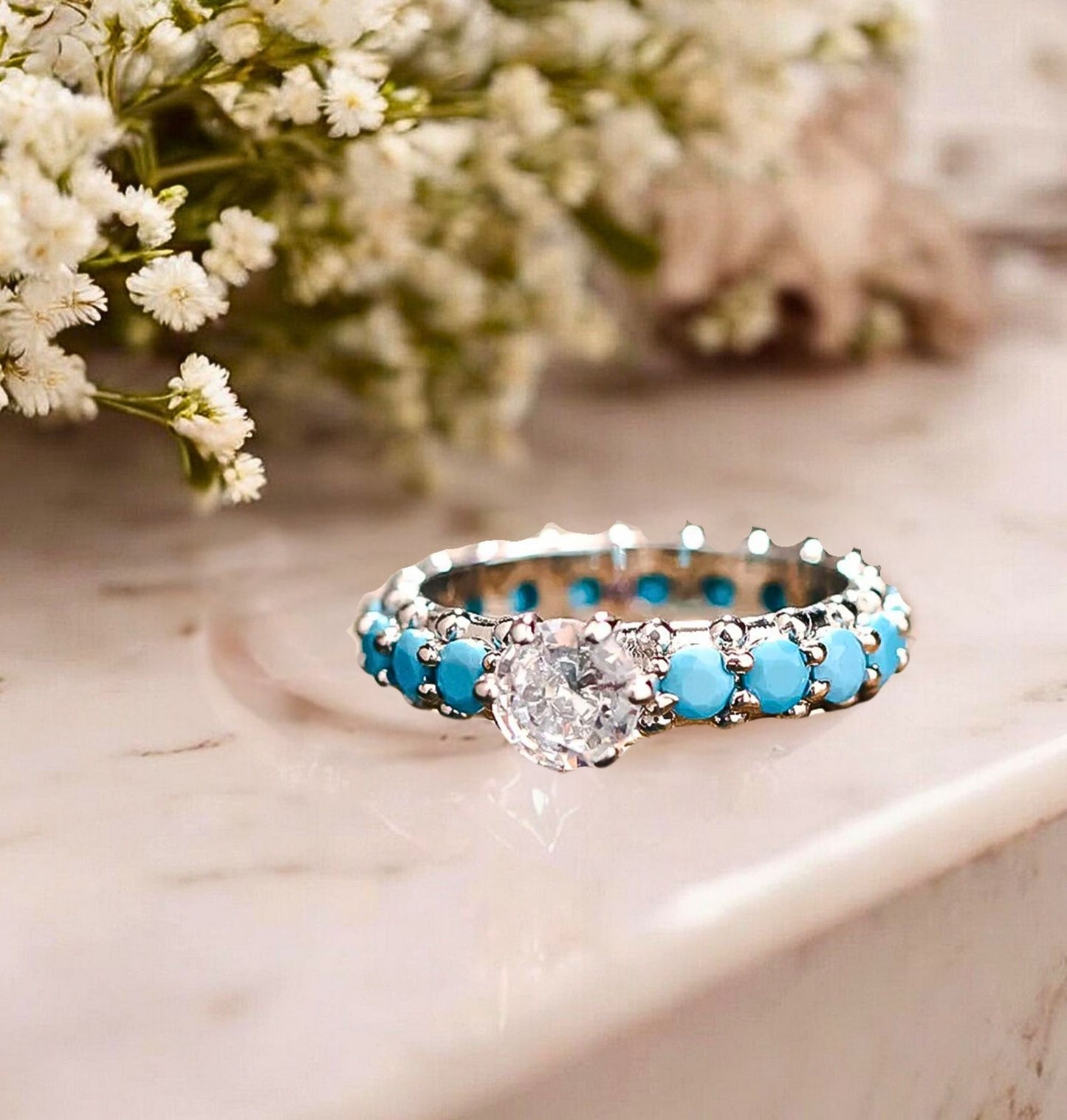 Unique Inlaid Artificial Turquoise Zircon 925 Sterling Silver Ring, Minimalist Ring for Everyday Wear Gift, Zircon Jewelry