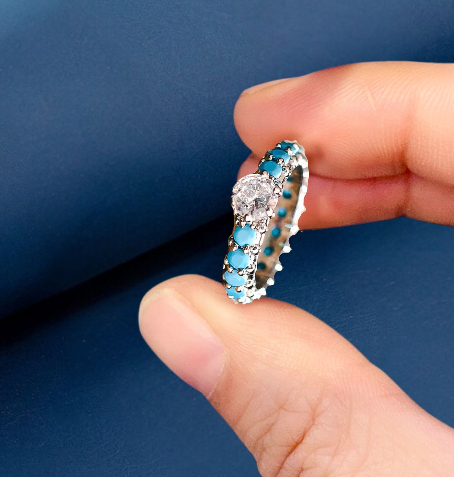 Unique Inlaid Artificial Turquoise Zircon 925 Sterling Silver Ring, Minimalist Ring for Everyday Wear Gift, Zircon Jewelry