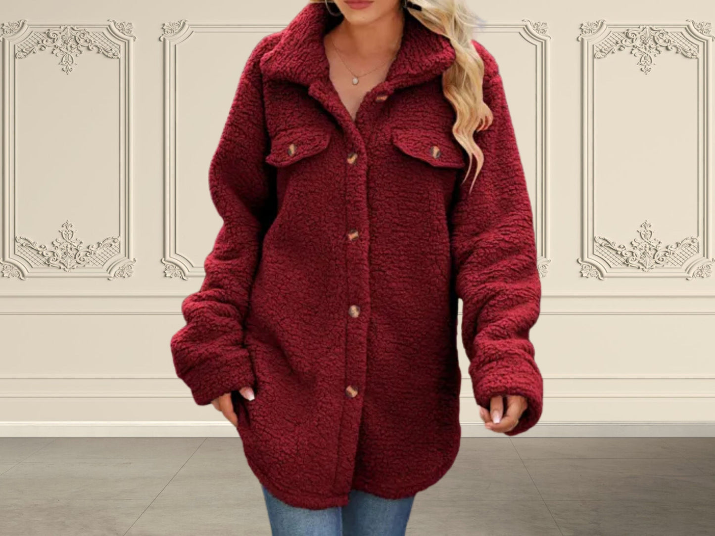 Warm Winter Coat, Women's Loose Plush Jacket, Stylish Long Sleeve Winter Wool Coat for Cold Weather, Perfect Gift for Her